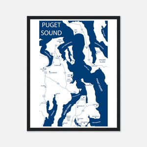 Puget Sound Washington-kaart afdrukken, ingelijste poster van Puget Sound WA, decor vakantiehuis, Lake Home-kunstwerk, pensioencadeau