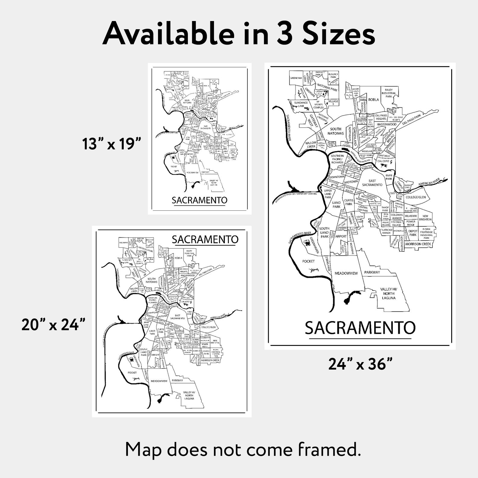 Sacramento Neighborhood Map Print Sacramento Wall Art Poster Etsy
