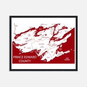 Impression de carte du comté de Prince Edward, affiche encadrée PEC Ontario Canada, cadeau de déménagement, cadeau de pendaison de crémaillère, cadeau de clôture pour agent immobilier