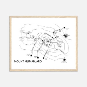 Kaart print Kilimanjaro, kunst aan de muur van de Kilimanjaro, poster routekaart, aangepast reiscadeau voor hem, bergcadeau voor haar