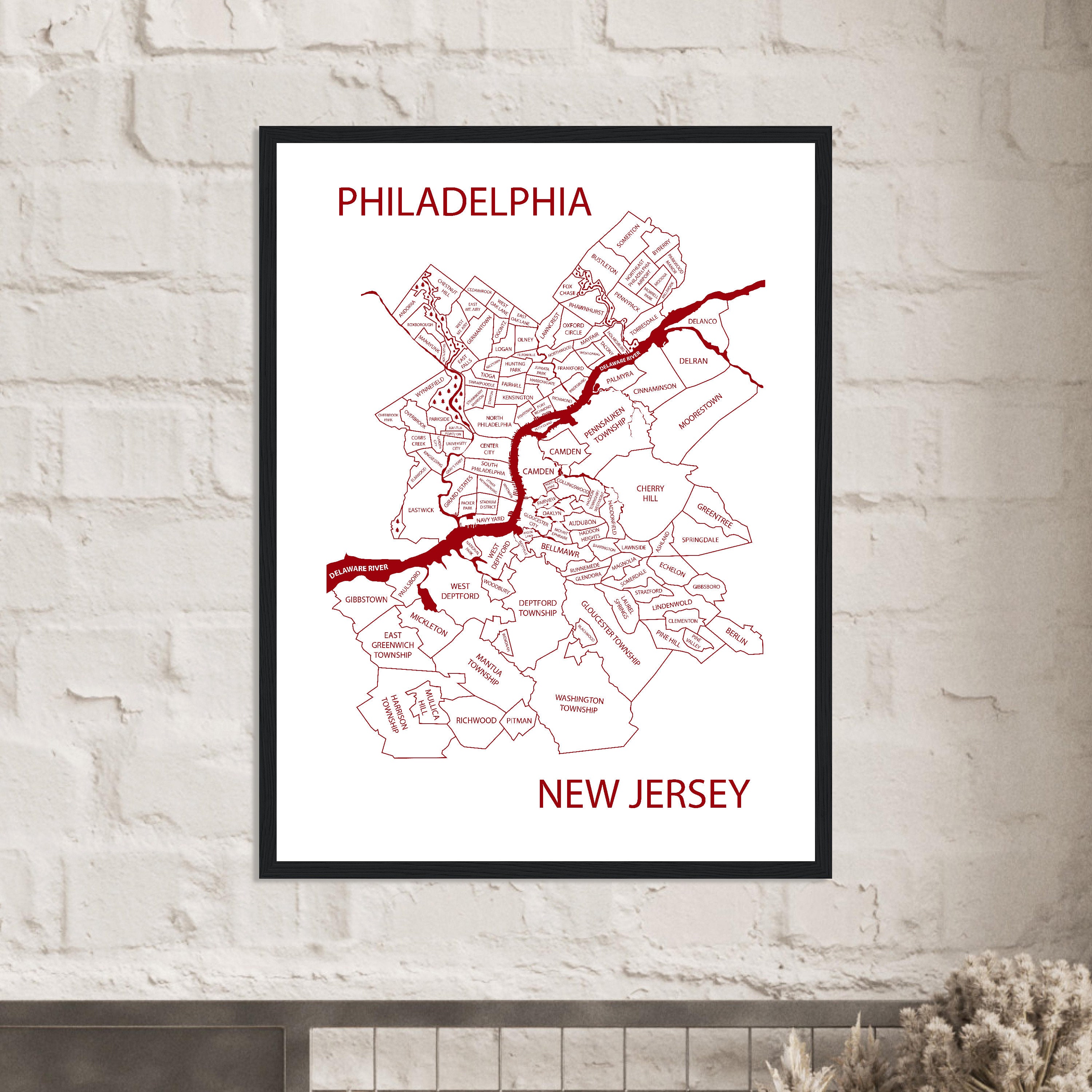 Philadelphia / New Jersey Map Art Print, Philadelphia Suburbs Map