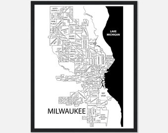 Milwaukee Print, Map Poster of Milwaukee, Custom Colors Neighborhood Map, Brewers Decor, Bucks Wall Art, Custom Gift Map of Hometown