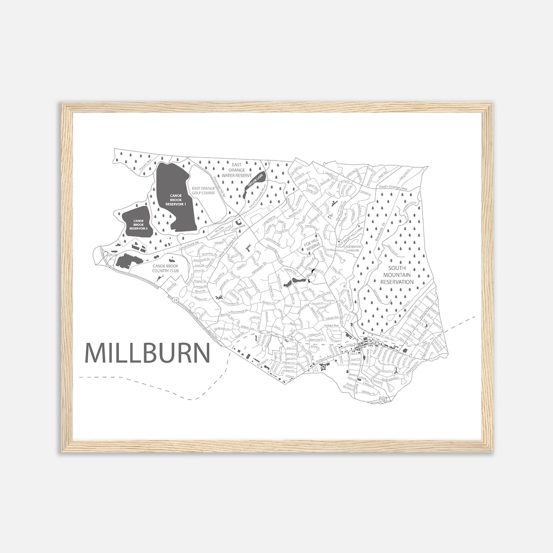 Millburn New Jersey Map Print, Framed Poster of Millburn NJ, Short