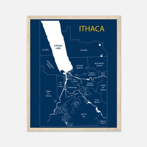 Impression de carte d'Ithaca New York, affiche encadrée d'Ithaca dans l'État de New York, cadeau de remise des diplômes d'Ithaca College, cadeau d'anciens élèves de l'université Cornell, décoration de dortoir