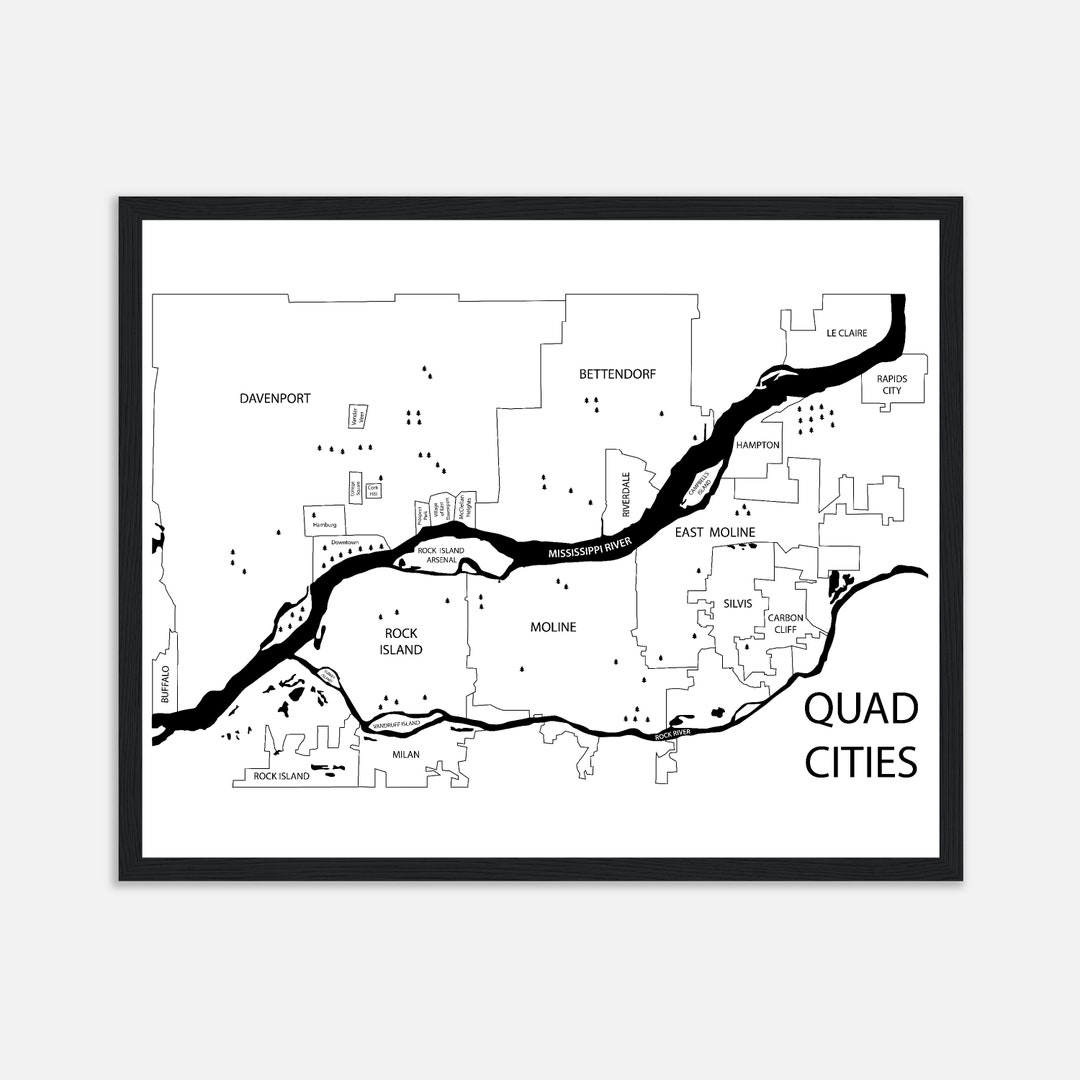 Quad Cities Iowa and Illinois Map Print Framed Poster Quad Etsy