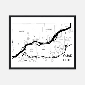 Stampa mappa Quad Cities Iowa e Illinois, poster incorniciato Quad Cities, Rock Island, Moline, Bettendorf, Davenport, Silvis, Carbon Cliff, Milano