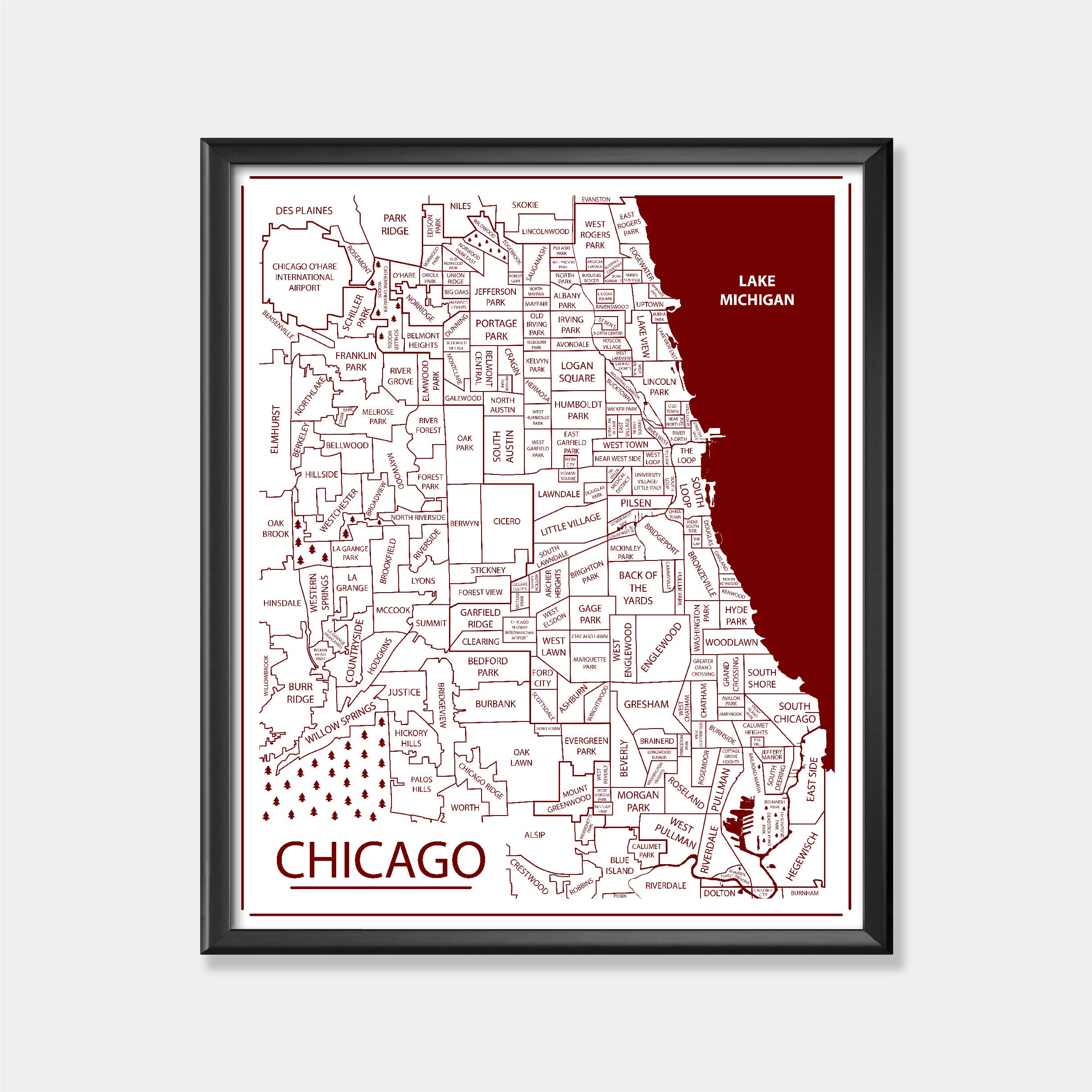 Chicago Area Neighborhood Map Print Custom Map of City - Etsy