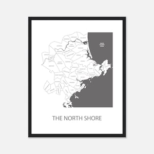Impression de carte de quartier de North Shore, art des villes de Boston North Shore, affiche d'art de la ville, cadeau personnalisé pour des amis, cadeau de mariage, cadeau pour une nouvelle maison