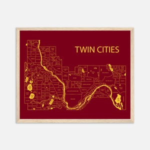 Impression de carte de quartier de villes jumelles, affiche d'art mural Minneapolis St Paul, cadeau carte personnalisée, cadeau de remise des diplômes personnalisé, cadeau de fête des pères
