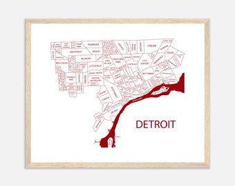 Detroit Map Print Wall Art, Detroit Neighborhood Map, Detroit Lions Decor, Detroit Tigers Art, Personalized Home Decor, Michigan Gifts