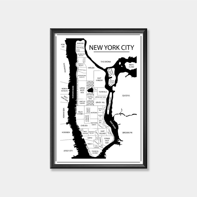 New York City Map Print Neighborhood Map Wall Art Poster New Etsy