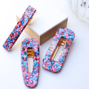 Blue and Red Joy Glitter Barrette in Resin, Accessory for Women and Children, Hair Clip