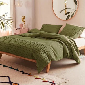 3 Pcs Olive Green Dot Tufted Cotton Duvet Cover set, Luxury Boho Bedding, Down comforter Cover, Pillowcases, Home Decor, Duvet Bedding Set