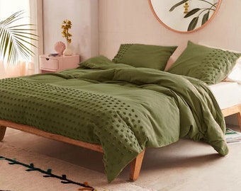 3 Pcs Olive Green Dot Tufted Cotton Duvet Cover set, Luxury Boho Bedding, Down comforter Cover, Pillowcases, Home Decor, Duvet Bedding Set