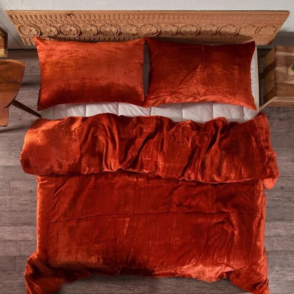 Brunt Orange Velvet Duvet Cover 3 Pieces Set Velvet Bedding Boho Bedding Luxury Velvet Bedding UO Comforter Cover Donna Cover Velvet Queen