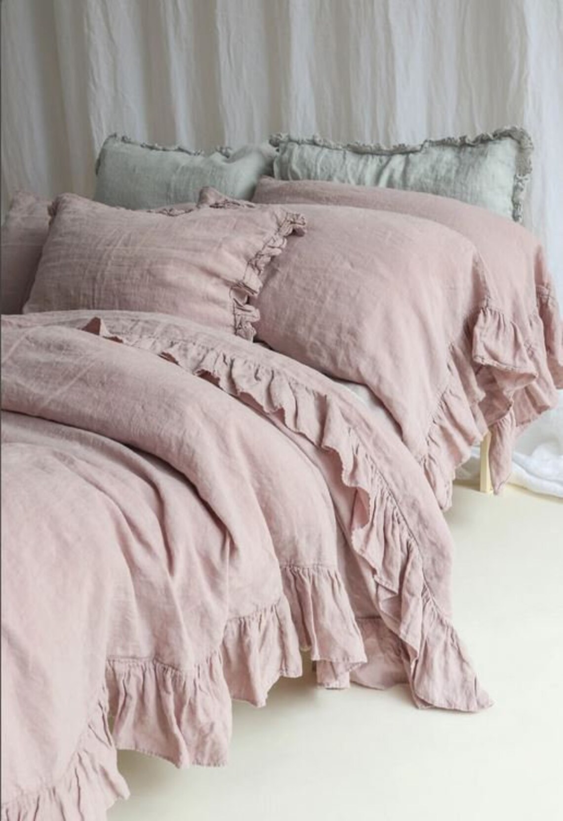Baby Pink Linen Duvet Cover Ruffle 3 Piece Set Boho Duvet Cover Luxury