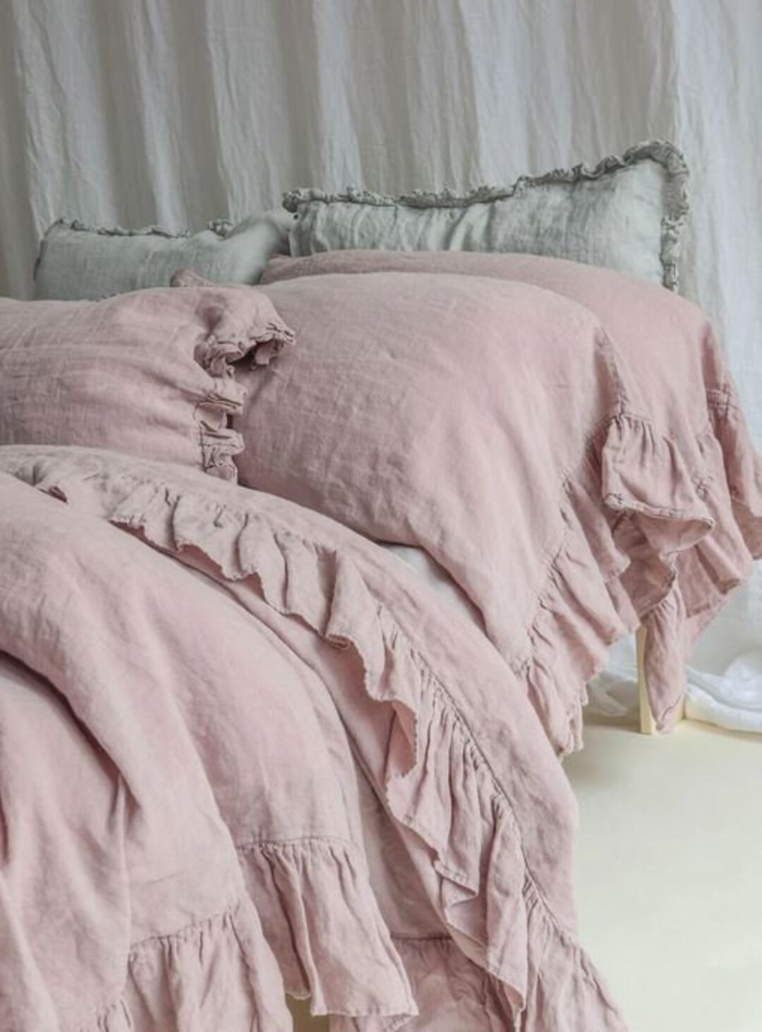 Baby Pink Linen Duvet Cover Ruffle 3 Piece Set Boho Duvet Cover Luxury