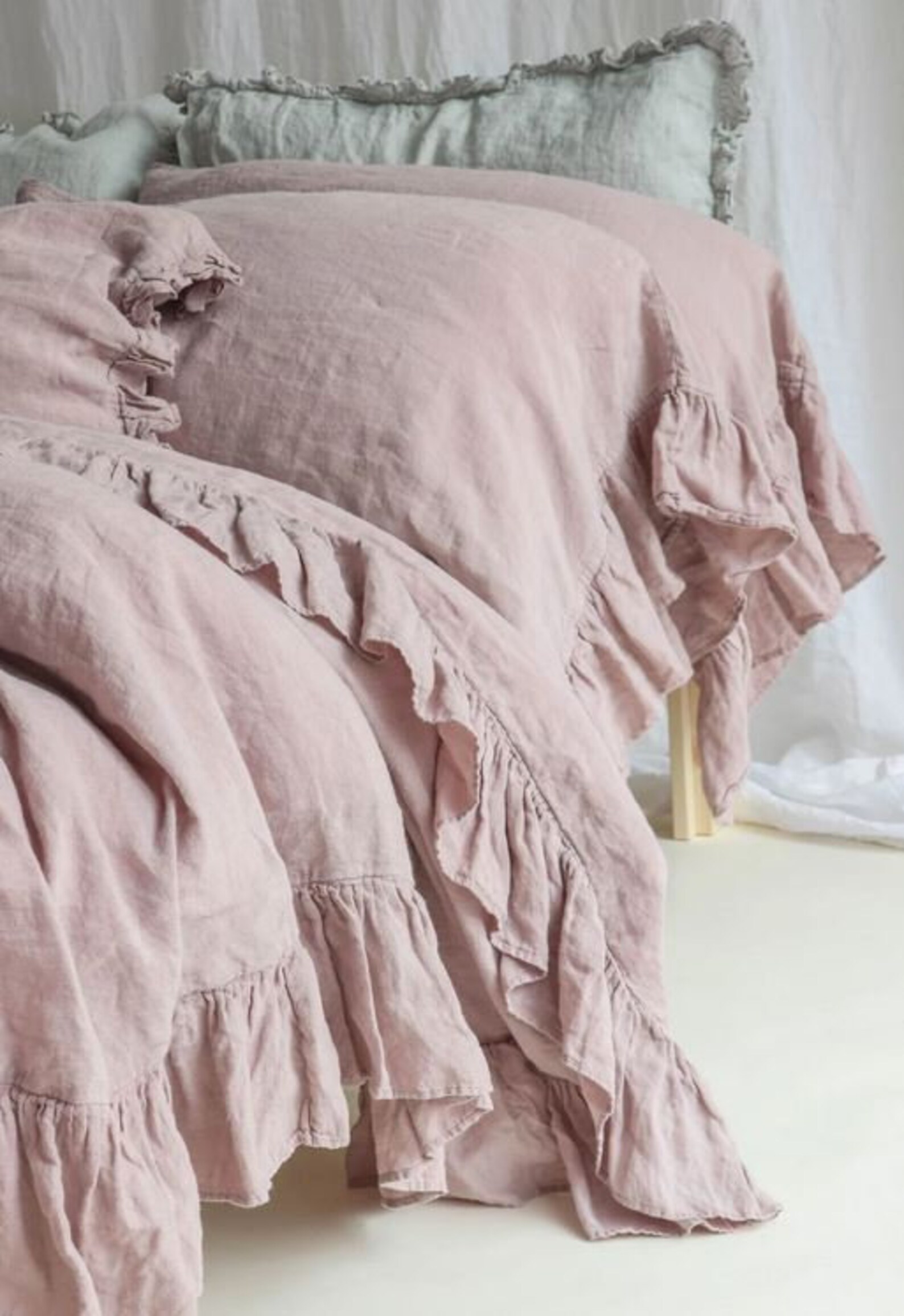Baby Pink Linen Duvet Cover Ruffle 3 Piece Set Boho Duvet Cover Luxury