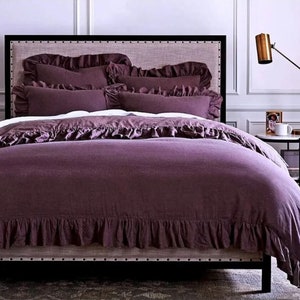 3 Pcs Plum Ruffled Cotton Duvet Cover, Plum Bedding Set Duvet Cover Set Queen Duvet Cover King Bedding Set Comforter Cover