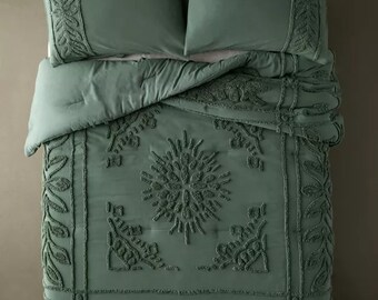 3 Piece Green Floral Motif Tufted Cotton Duvet Cover set, Green Duvet Cover, Boho Bedding King Comforter Cover, Home Decor, Duvet Bedding