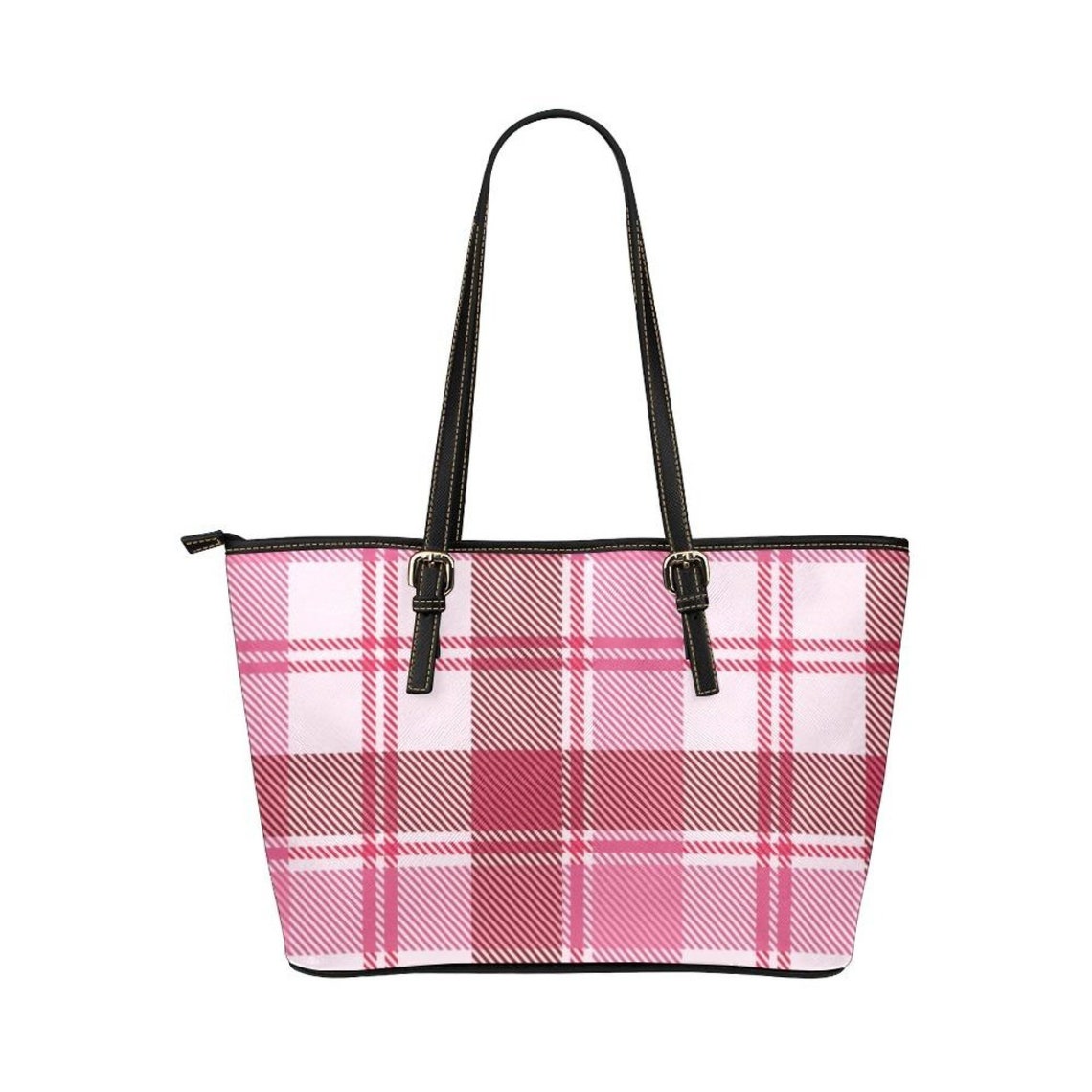 Tote Bags Pink And White Plaid Style Leather Tote Bag Etsy