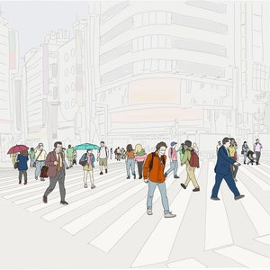 Tokyo, Japan Shinjuku Crowd Street Scene. Digital Art Print Download. Hand Drawn Illustration. image 1