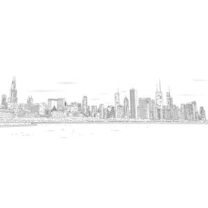 Chicago Skyline Panoramic View. Panorama Cityscape With Skyscrapers. Hand Drawn Illustration. Digital Art Print Download.