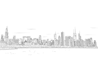 Chicago Skyline Panoramic View. Panorama Cityscape With Skyscrapers. Hand Drawn Illustration. Digital Art Print Download.