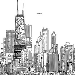Chicago Skyline Panoramic View. Hand Drawn Illustration. Digital Art ...