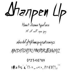 Fuente: Sharpen Up. Un conjunto de personajes vanguardista con bordes afilados como cuchillos. Letras dibujadas a mano con letras como cuchillas.