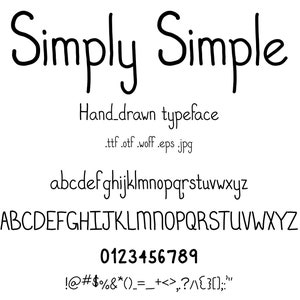 May include: A font called "Simply Simple" is shown in a black and white image. The font is a hand-drawn typeface and includes uppercase and lowercase letters, numbers, and punctuation marks.