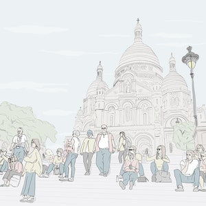 Paris - People at the Sacre Coeur in Montmartre. Hand Drawn Illustration. Digital Art Print Download.