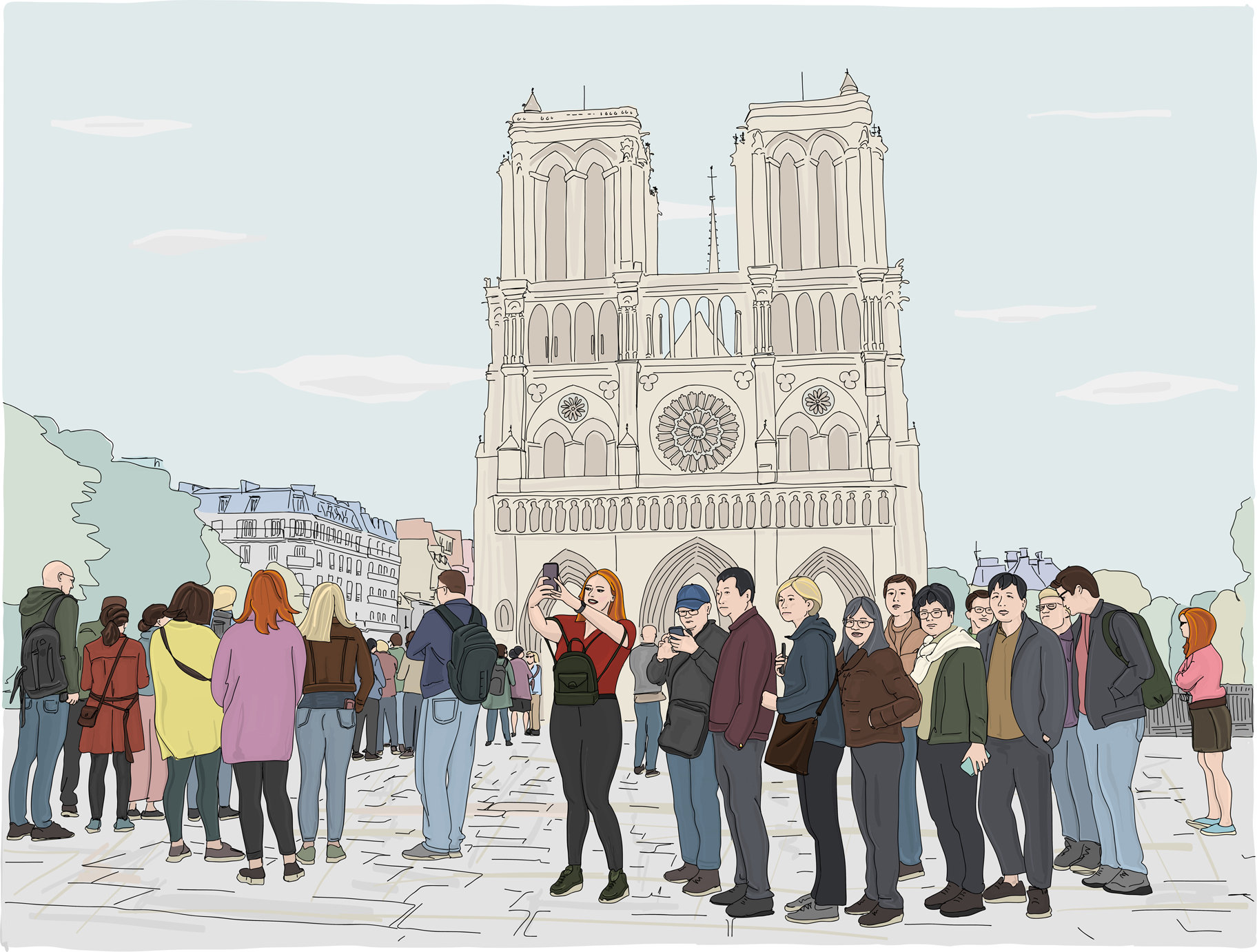 ノートルダム大聖堂の観光客。パリの街の風景。人々の群れを描い