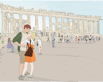 Pareja romántica Viaje de luna de miel a la Acrópolis de Atenas, Grecia. Dibujo del Partenón. Ilustración dibujada a mano. Descarga de impresión de arte digital.