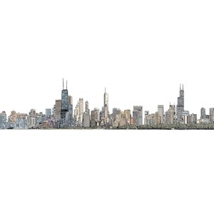 Chicago Skyline Panoramic Skyscraper View Digital Drawing Print Download In Color