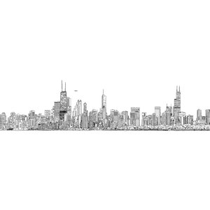 Chicago Skyline Panoramic View. Hand Drawn Illustration. Digital Art Print Download.