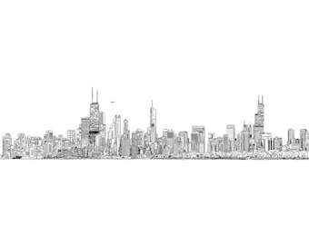 Chicago Skyline Panoramic View. Hand Drawn Illustration. Digital Art Print Download.