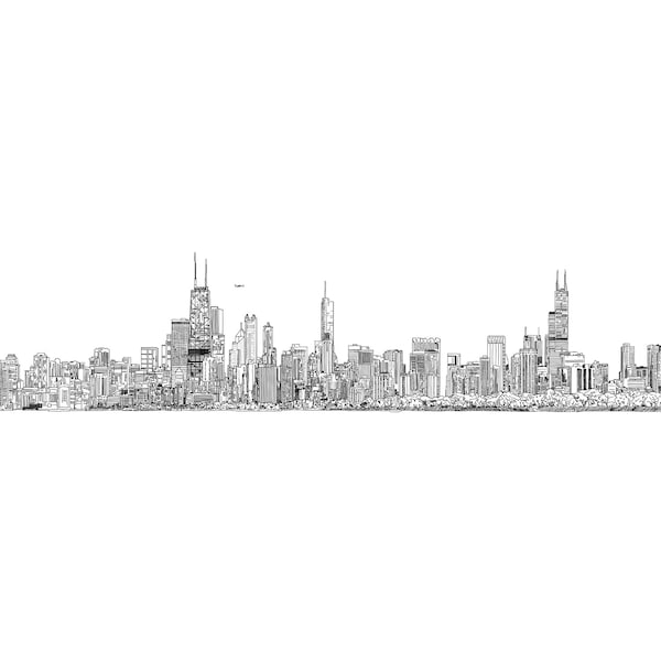 Chicago Skyline Panoramic View. Hand Drawn Illustration. Digital Art Print Download.