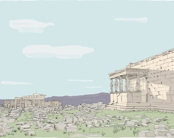 Acropolis of Athens, Greece. Ancient Ruins and the Caryatid Porch Drawing. Hand Drawn Illustration. Digital Art Print Download.