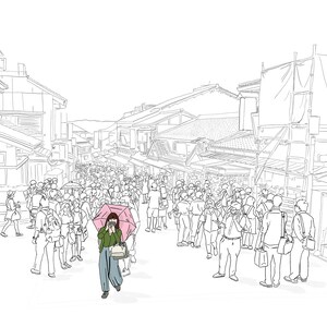 Kyoto, Japan Tourist At Kiyomizu Dera Temple. Hand Drawn Illustration. Digital Art Print Download.