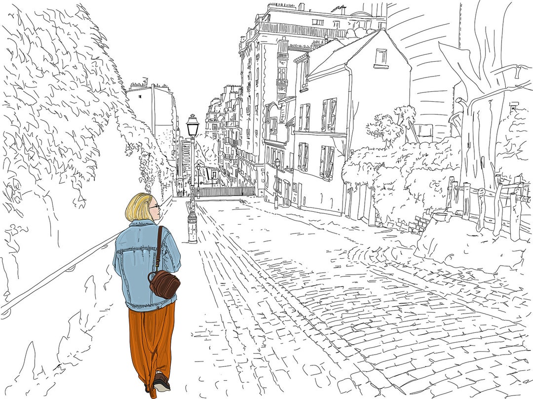 Dessin De Ville Facile A Reproduire Paris Montmartre Dessin. City Street Scene Woman sur la rue - Etsy France
