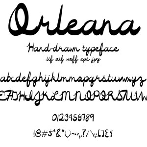 Op de afbeelding: Een handgeschreven lettertype genaamd "Orleana" in een zwarte script stijl. Het lettertype bevat hoofdletters en kleine letters, cijfers en leestekens.