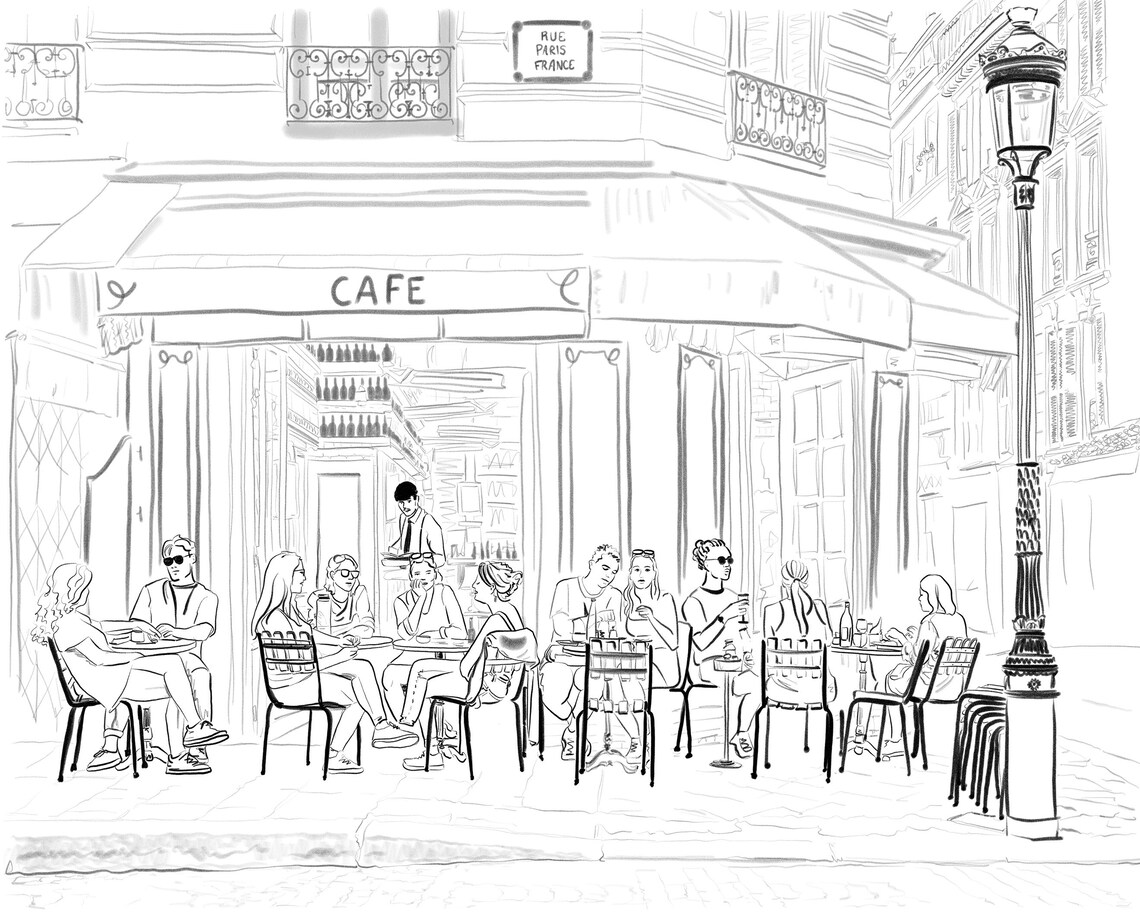 Paris Cafe Drawing. People Eat in Saint Michel at a Cafe. City Street