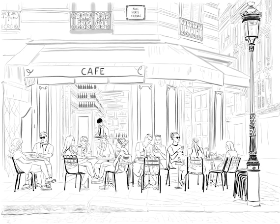 Paris Cafe Drawing. People Eat in Saint Michel at a Cafe. City - Etsy ...