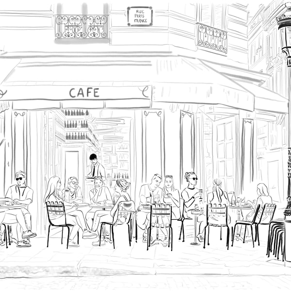 Dibujo del Café de París. La gente come en Saint Michel en un café. Escena callejera de la ciudad. Ilustración dibujada a mano. Descarga de impresión de arte digital.