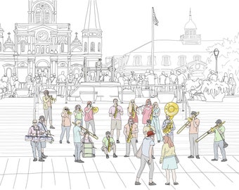 Ilustración de Nueva Orleans. Música de la banda de latón en Jackson Square. Dibujado a mano. Arte Digital. Descargar Imprimir.