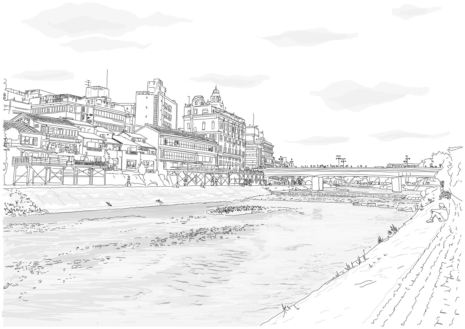 京都、日本の風景画。手描きのイラスト。デジタルアートプリントの