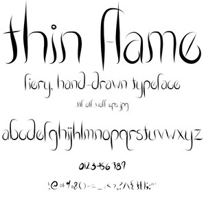 May include: A font design called "thin flame" with a fiery, hand-drawn typeface style. The alphabet, numbers, and punctuation marks are shown in black.
