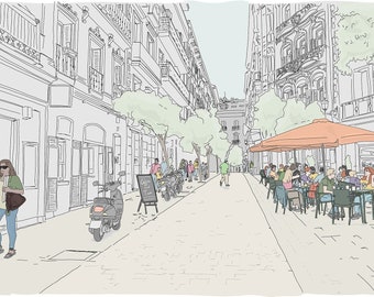 Madrid, Dibujo de Escena de la Ciudad de España. Escena de calle al aire libre. Descarga digital de arte impresión. Ilustración dibujada a mano.