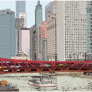 Op de afbeelding: Een rode brug over een rivier met een boot en hoge gebouwen op de achtergrond. De brug heeft een bord met de tekst "Clark Street".